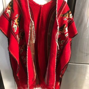 Long red throw-over/ cardigan/ open poncho